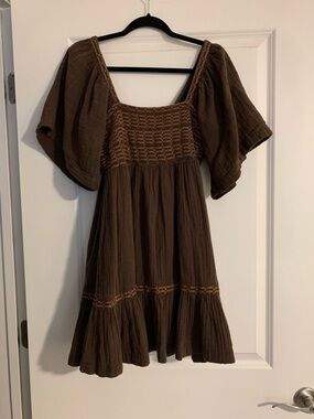 Free People Brown Smocked Square-Neck Mini Dress